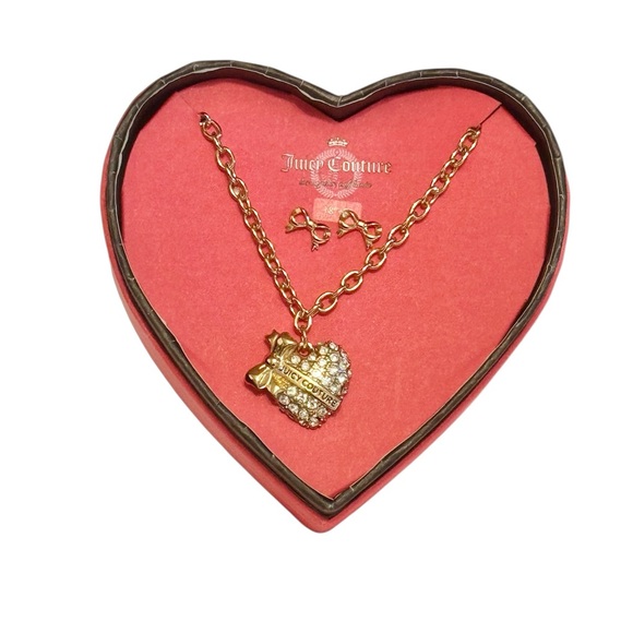 Juicy Couture Jewelry - NIB Juicy Couture Gold Heart & Bow Pendant Necklace w/ Bow Earrings
